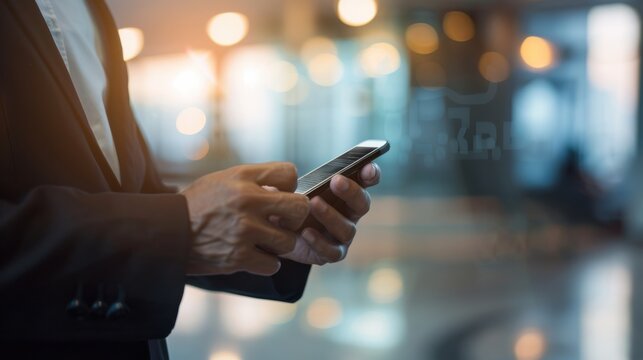 A close-up photo of a businessman's hand using a smartphone to check financial news, with a blurred background of an office setting, The image emphasizes the importance of staying informed in business