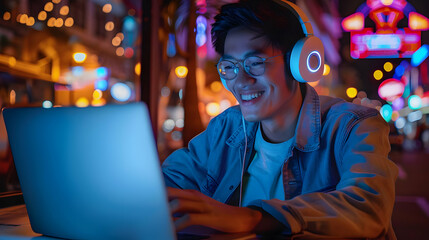 Obraz premium Night City Laptop User Illustration