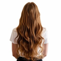 Naklejka premium Woman with long healthy red hair is posing with her back turned on a white background