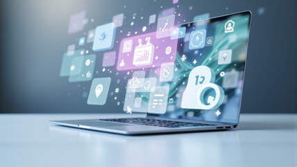 Business Icons Floating Above a Smooth Desk with Glowing Edges