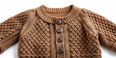 Adorable Baby Boy Brown Knitted Cardigan Isolated on White Background &ndash; Cozy Knitwear for Infants Perfect for Stock Photos, Fashion, and Clothing Catalogs