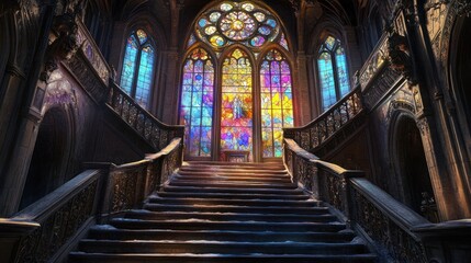 Fototapeta premium A grand staircase leads to a colorful stained glass window in a gothic architecture setting.