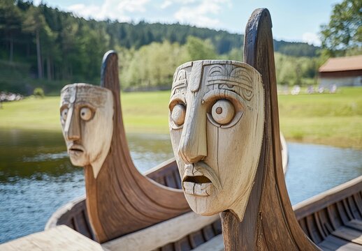 The intricate wooden figurehead of a Viking longboat sits majestically at its bow, heralding voyages through the icy waters and relentless seas of the Nordic lands. This iconic ship, rooted in