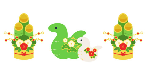 門松と親子蛇のイラスト ( ベクター 白背景 正月素材 2025年 新年 和風 )