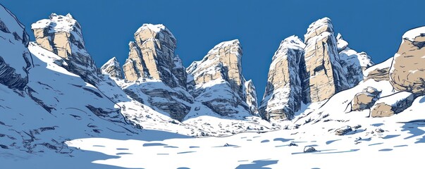 Snow-covered rocky landscape with towering cliffs and clear blue sky.