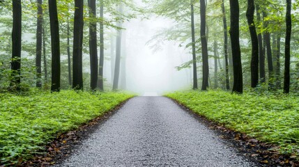 Fototapeta premium A path leading through a foggy forest, the trees barely visible in the distance, inviting a sense of adventure and the unknown.