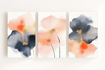Creative watercolor artwork featuring terracotta, navy, orange, blush, pink, ivory, and beige with golden touches on a white background. Modern art set for logos, wall art, and cards