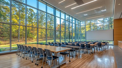 Bright training or conference room with large glass windows and outdoor views.