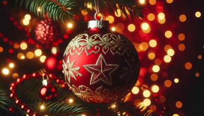 Fototapeta premium Red Christmas Ornament - Decorated Christmas Bauble Background with Space for Copy - Christmas Ornament with Christmas Tree - Holiday Diffused Bokeh Wallpaper - Snow, Mistletoe and Presents