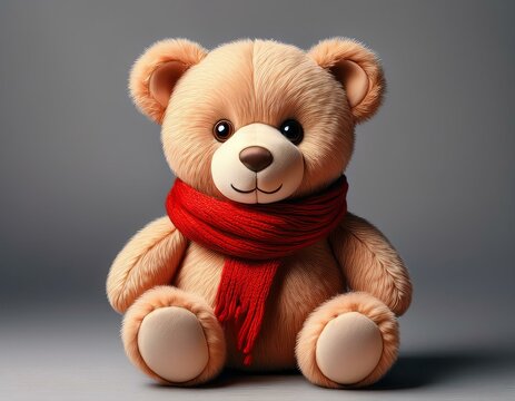 Plush teady bear toy with a red scarf, centered on a clean light gray background