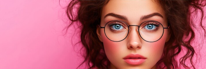 Obraz premium Close Up Portrait of a Young Woman with Brown Hair Wearing Eyeglasses on a Pink Background