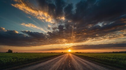 Fototapeta premium Dramatic sunrise illuminates countryside field and open road