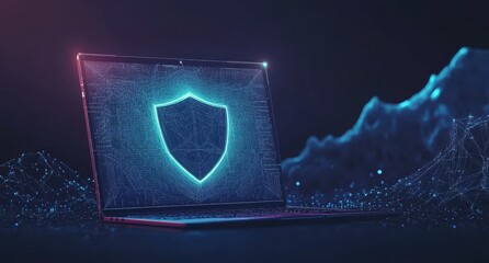 This abstract laptop design showcases a forward-looking guard shield that signifies protection, cyber security, and insurance measures.