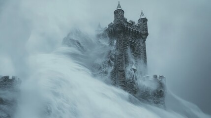A dramatic castle engulfed by swirling waves, evoking a sense of mystery and power.