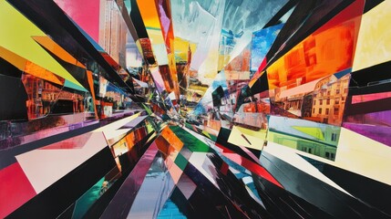 Abstract cityscape collage with vibrant colors and dynamic perspective.