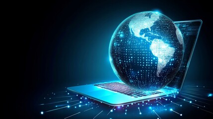 Planet Earth appearing on a laptop screen, representing the global and networking concepts. The visualization is an abstract digital wireframe with a low poly mesh structure, rendered in a modern