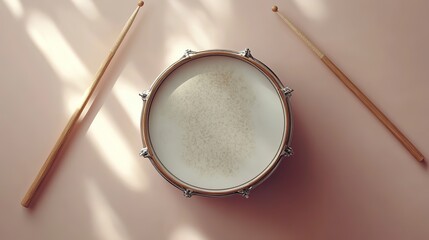 Fototapeta premium top view of a drum and sticks against a light background musical instrument with percussion