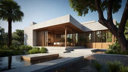 Fototapeta premium AI-generated Modern Luxury Hotel-Style House with USA-Inspired Interiors – Stunning Exterior Perspective, Earthy Materials, and Dynamic Design in Natural Settings, Perfect Blend of Innovation, Eleganc