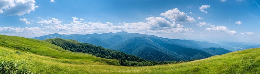 Fototapeta premium A panoramic view of lush green hills under a bright blue sky, showcasing the beauty of nature and tranquility in the mountainous landscape.