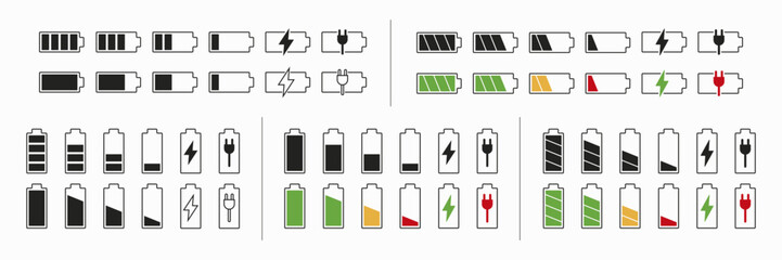 Battery icons set isolated on background. Collection of charge level, UI design battery elements. Full low and empty battery status. Smartphone battery charge level indicators. Vector illustration