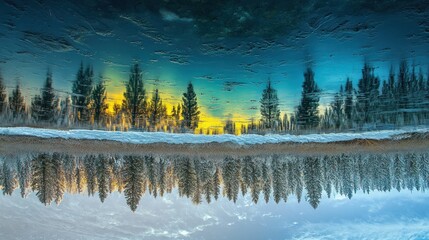 Curtains A serene winter landscape reflecting vibrant colors in icy water.