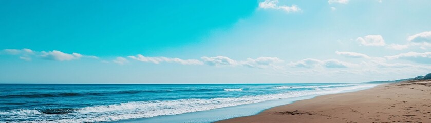 Obraz premium A serene beach scene featuring gentle waves, golden sand, and a clear blue sky, creating a perfect setting for relaxation and tranquility.