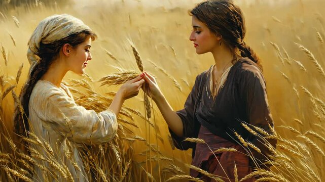 Ruth, gleaning wheat in the fields of Boaz, showing loyalty to Naomi. Her faith and devotion led her to become the great-grandmother of King David. Copy space for loyalty.