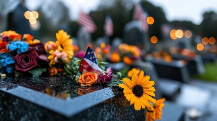 Fototapeta premium An evocative cemetery scene at twilight, featuring illuminated flags and a medley of flowers that symbolize honor, love, and the enduring bond with lost loved ones.