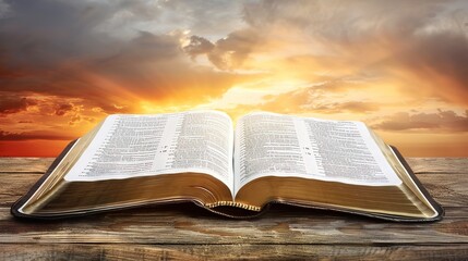 Fototapeta premium Close-up of open Bible on wooden table, sunlight illuminating sacred text, serene contemplative scene with ample copy space for text or design. 