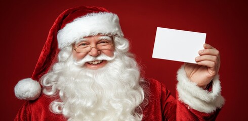Santa Claus, with a joyful smile, holds a blank scroll in front of a red backdrop. Perfect for holiday banners, seasonal sales, and festive announcements.
