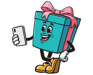 Fototapeta premium Gift Box with gadget, Cartoon Character Mascot Illustration Vector Clip-art Hand-drawn Logo Design