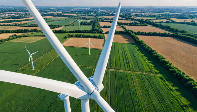 Vue a&eacute;rienne d'un parc &eacute;olien sur des terres agricoles