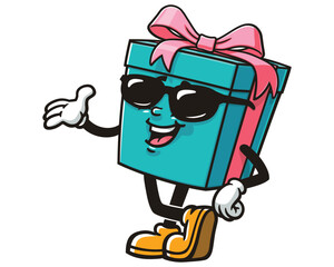 Gift Box with sunglasses,  Cartoon Character Mascot Illustration Vector Clip-art Hand-drawn Logo Design