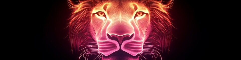 Obraz premium A dynamic neon lion face featuring a gradient of soft pink and vibrant orange radiating energy and life