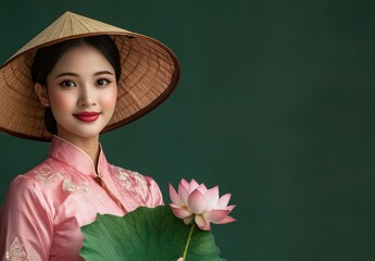 A beautiful Vietnamese woman wearing Ao Dai and conical hat holds lotus leaves in her hands, looking at the camera with a gentle smile