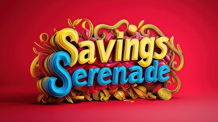 Romantic red backdrop hosts Savings Serenade in serenade blue and golden yellow 3D text.