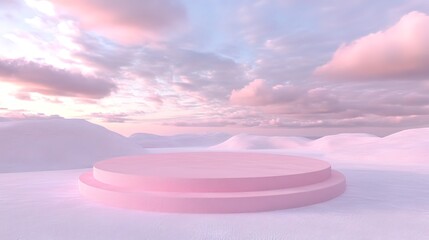 A minimal pink podium with two tiers sits in a white landscape with a soft pink sky.