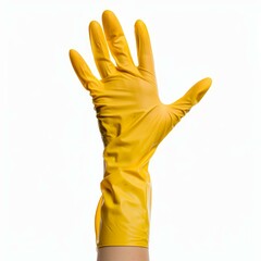 Hand with a yellow protective glove is counting with its fingers on a white background