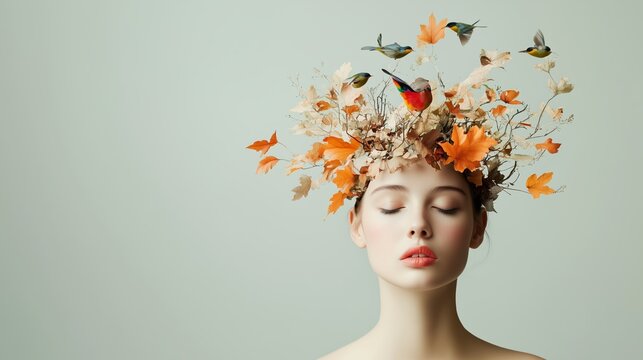 Creative portrait of a woman with floral and bird headpiece in serene setting during autumn