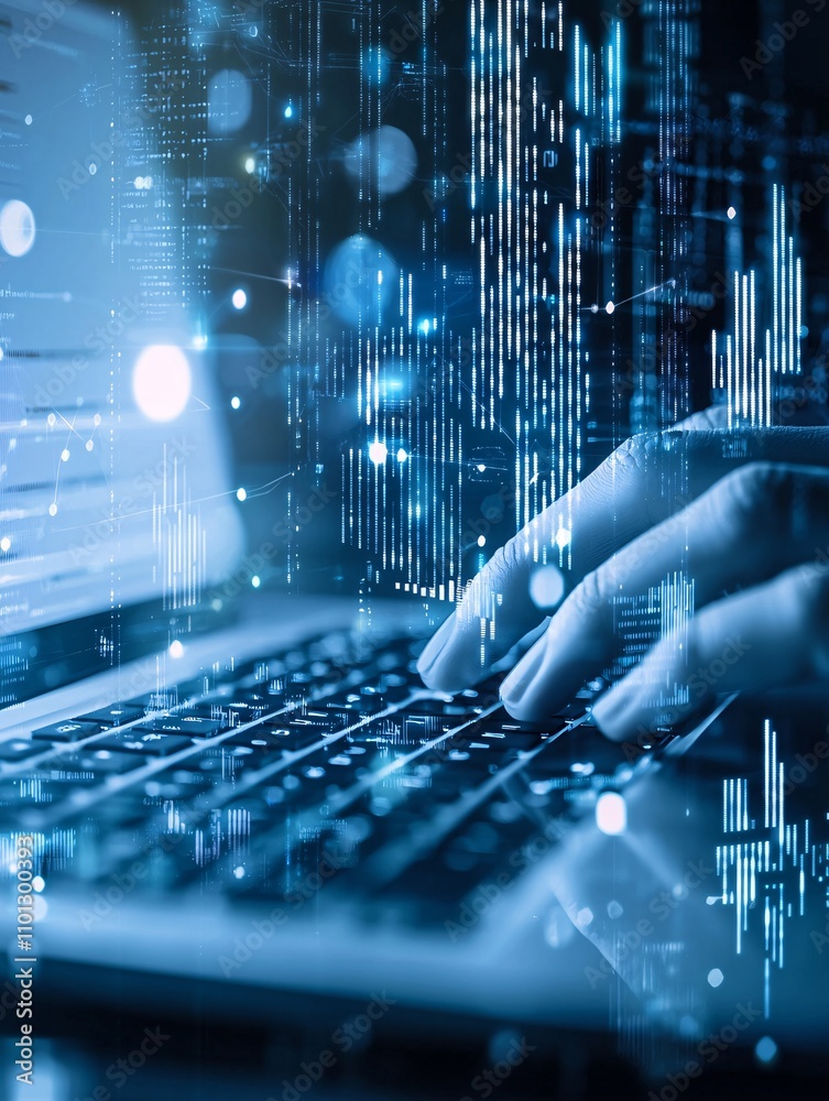 Poster hands typing on a keyboard with multiple analytics reports and website optimization tools on the scr