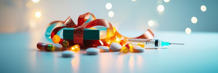 A creative and unique gift idea featuring pills wrapped in festive packaging for New Year and Christmas, offering a playful and unconventional holiday present