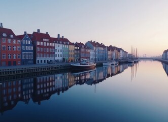 Fototapeta premium Colorful Buildings Reflecting on a Canal in Europe