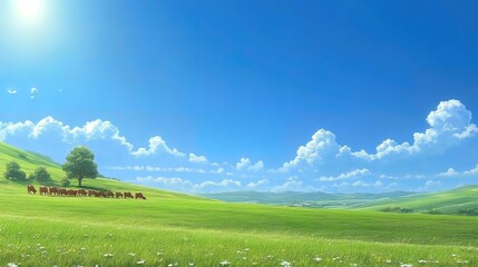 Fototapeta premium A picturesque green field with a herd of brown cows grazing under a bright blue sky with fluffy white clouds.