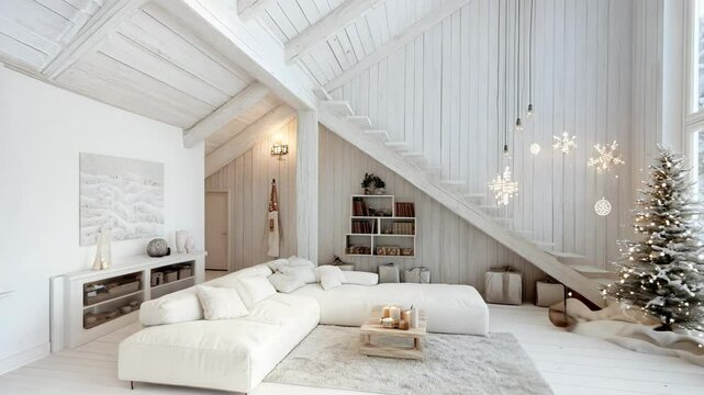Cozy Scandinavian Living Room with Christmas Decor and Snowy View