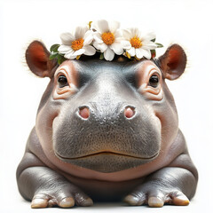 Naklejka premium Hippo with flower crown, cute expression, white isolate background