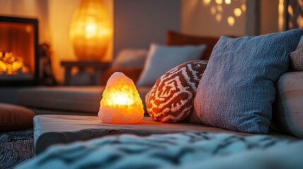 A wellness retreat setting with comfortable cushions, a glowing salt lamp, and warm light