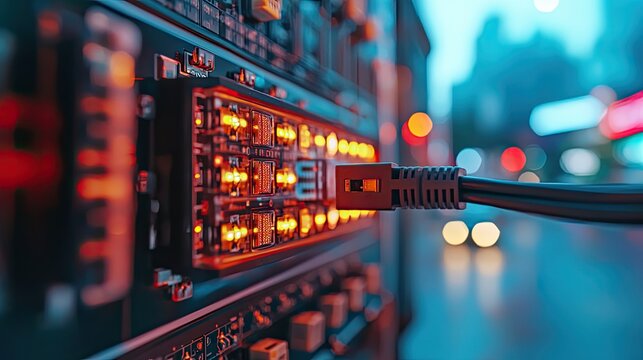 wi fi router close up wireless internet device close up selective focus tinted image wires needed to connect the router to the interne