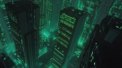 Futuristic Cityscape Illuminated in Vibrant Emerald Hues