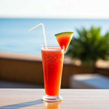 glass of water malon  juice on beach