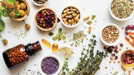 A variety of herbs, dried flowers, and supplements displayed in bowls and containers, emphasizing natural remedies and wellness.